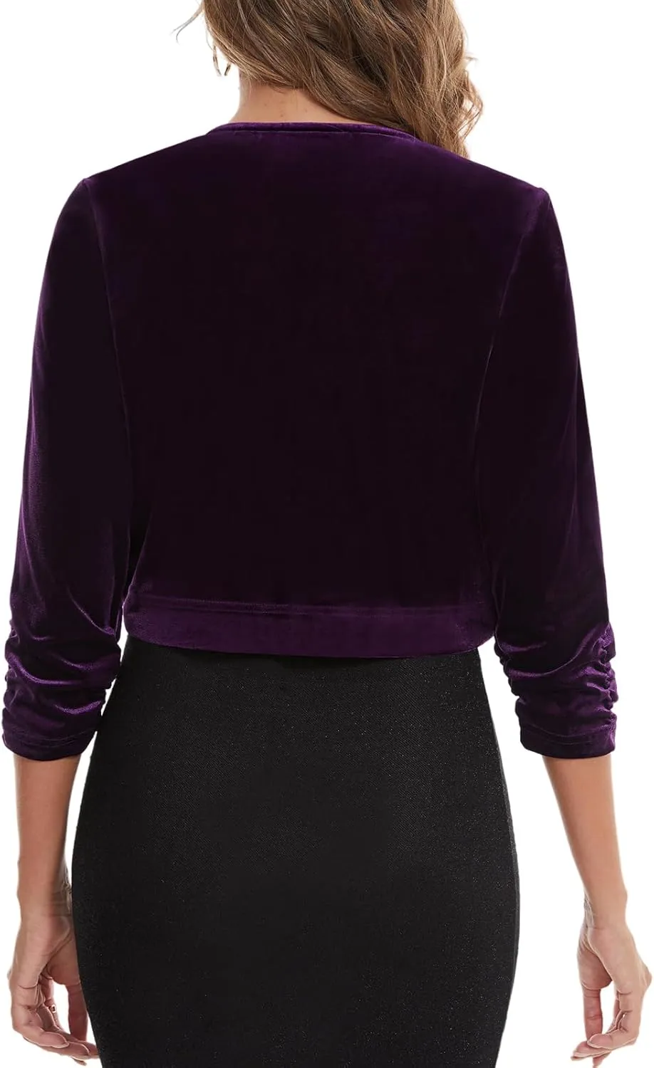 MINTLIMIT Women Velvet Shrug Bolero Open Front 3/4 Ruched Sleeve Evening Dressy Cropped Cardigans with Hook and Eye