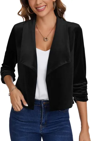 MINTLIMIT Women's Casual Velvet Blazer Jackets 3/4 Ruched Sleeve Shawl Collar Draped Open Front Fall Velvet Blazers