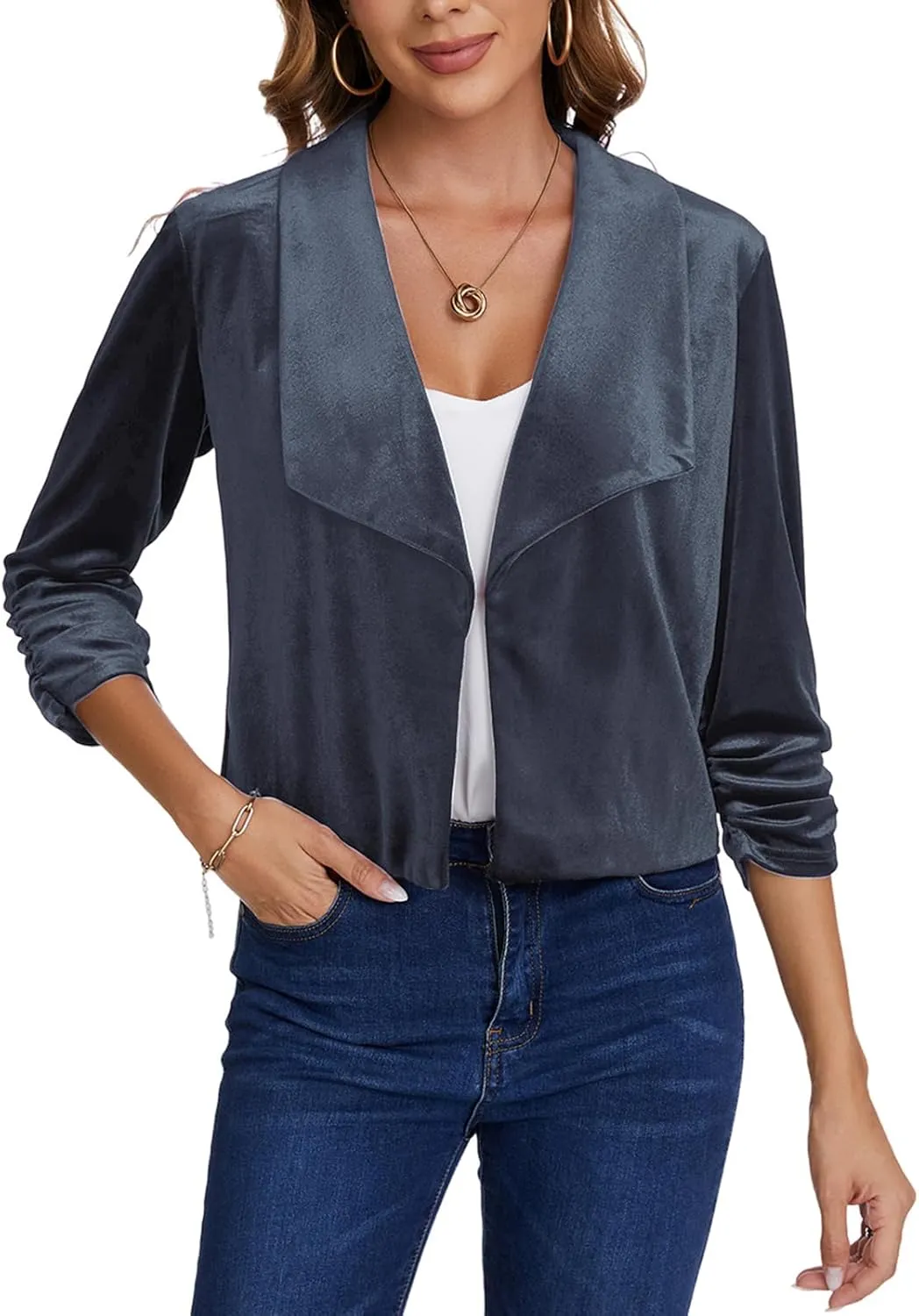 MINTLIMIT Women's Casual Velvet Blazer Jackets 3/4 Ruched Sleeve Shawl Collar Draped Open Front Fall Velvet Blazers