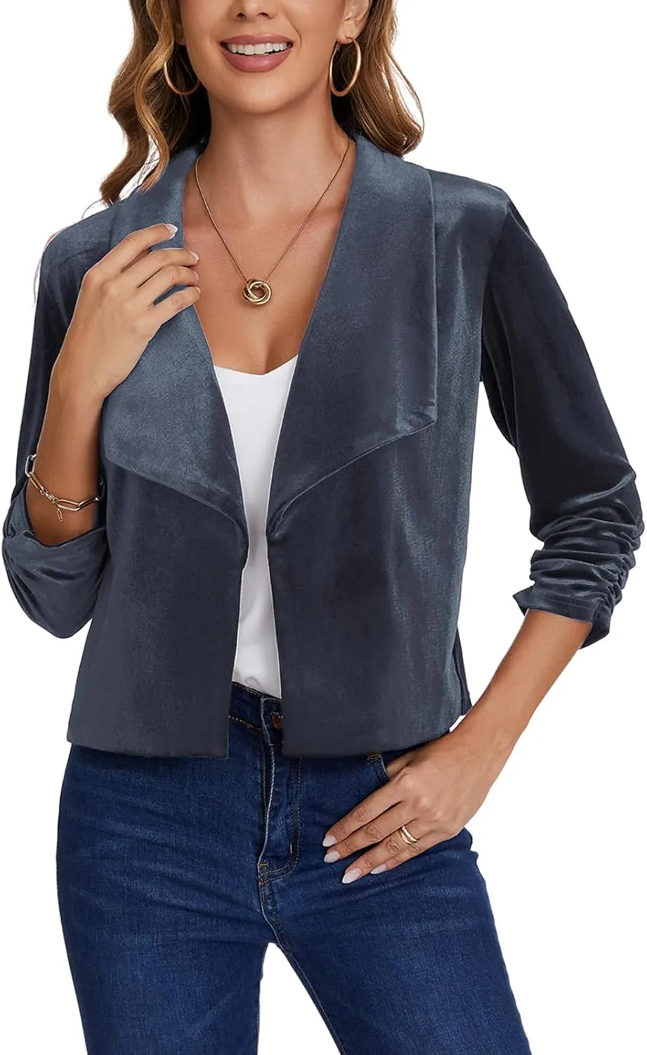 MINTLIMIT Women's Casual Velvet Blazer Jackets 3/4 Ruched Sleeve Shawl Collar Draped Open Front Fall Velvet Blazers