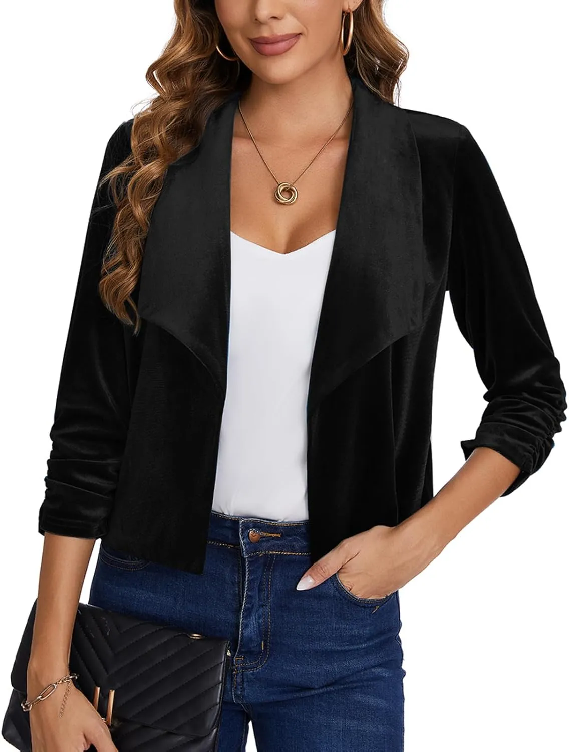 MINTLIMIT Women's Casual Velvet Blazer Jackets 3/4 Ruched Sleeve Shawl Collar Draped Open Front Fall Velvet Blazers