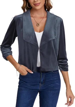 MINTLIMIT Women's Casual Velvet Blazer Jackets 3/4 Ruched Sleeve Shawl Collar Draped Open Front Fall Velvet Blazers
