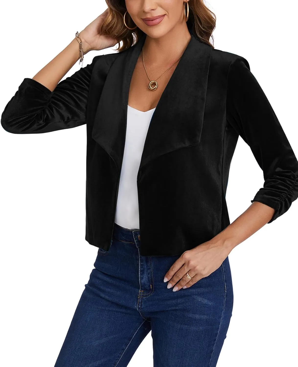 MINTLIMIT Women's Casual Velvet Blazer Jackets 3/4 Ruched Sleeve Shawl Collar Draped Open Front Fall Velvet Blazers