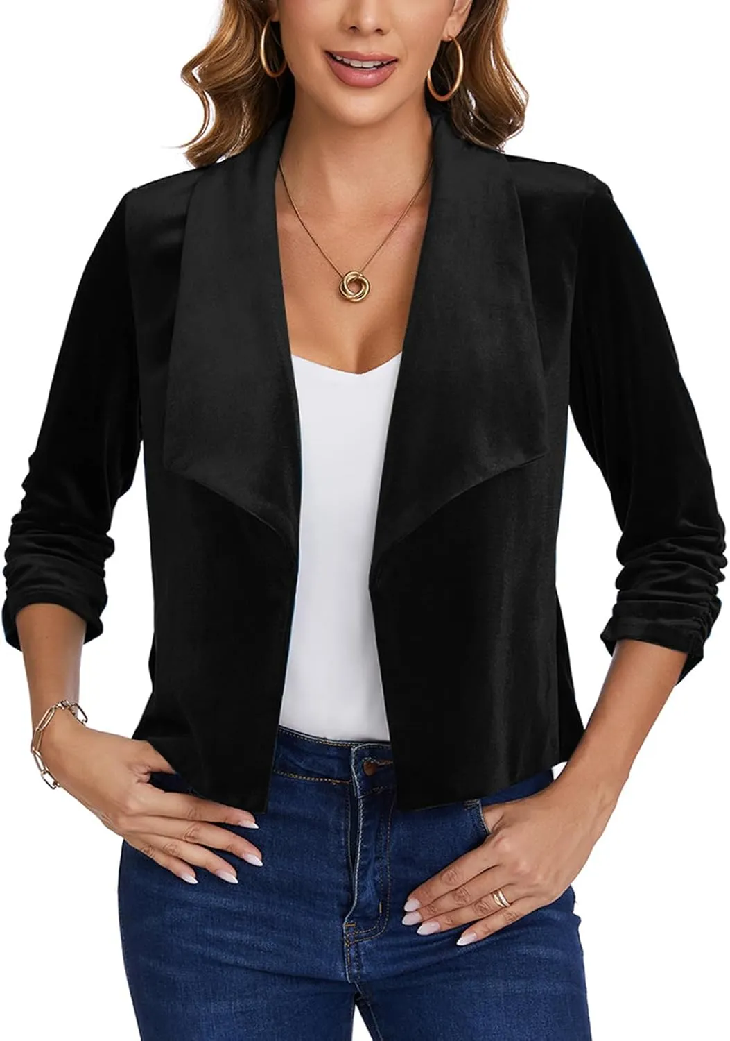 MINTLIMIT Women's Casual Velvet Blazer Jackets 3/4 Ruched Sleeve Shawl Collar Draped Open Front Fall Velvet Blazers