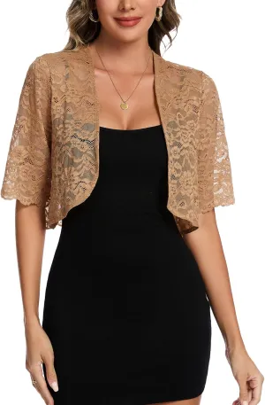 MINTLIMIT Womens Floral Lace Bolero Half Sleeve Shrug Open Front Elegant Cropped Cardigan Shrugs for Evening Party Dresses