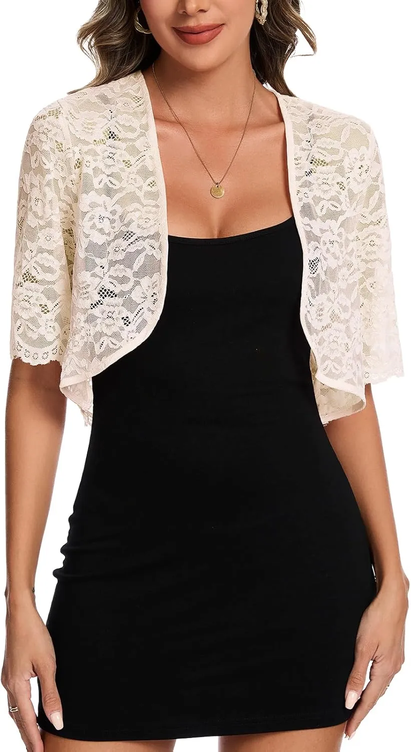 MINTLIMIT Womens Floral Lace Bolero Half Sleeve Shrug Open Front Elegant Cropped Cardigan Shrugs for Evening Party Dresses