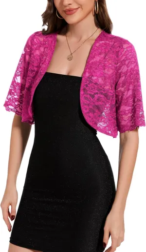 MINTLIMIT Womens Floral Lace Bolero Half Sleeve Shrug Open Front Elegant Cropped Cardigan Shrugs for Evening Party Dresses