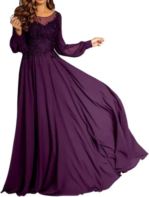 Mother of The Bride Dresses for Wedding A-Line Crew Neck Long Sleeves Lace Applique Chiffon Maxi Formal Evening Dress