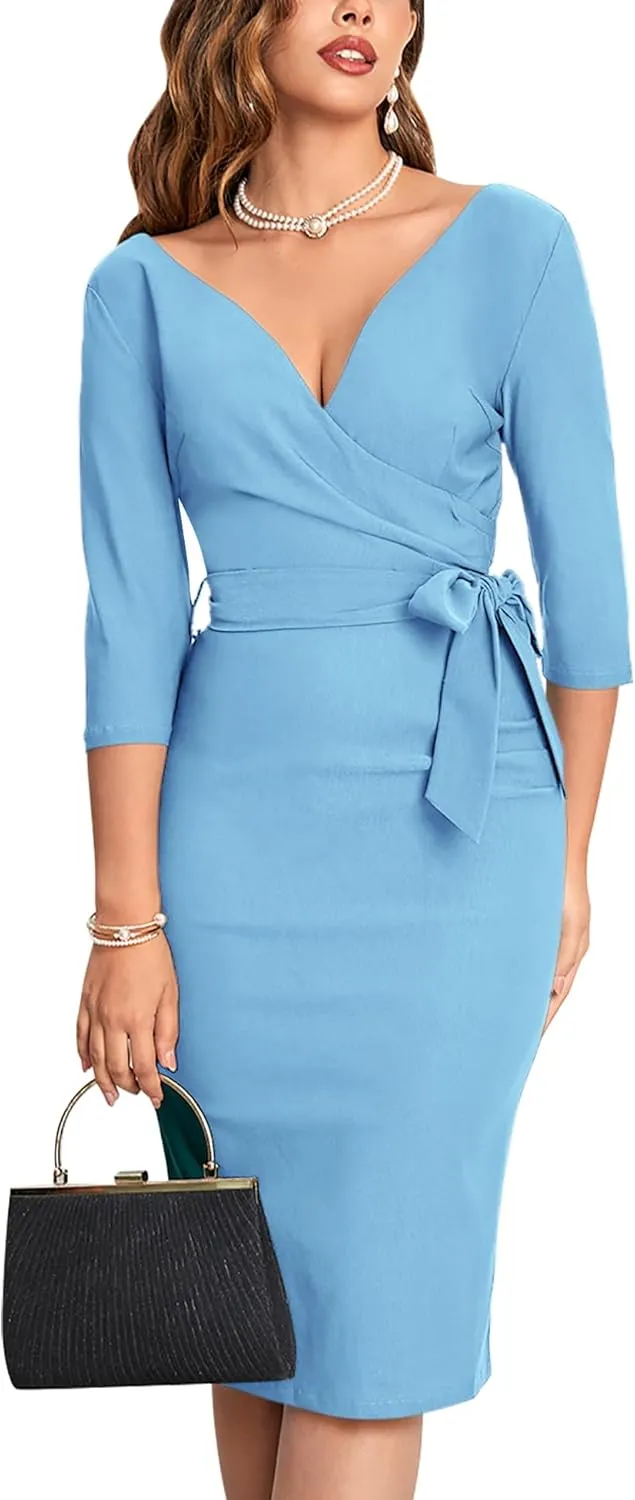 MUXXN Women's Vintage Faux Wrap V Neck 3/4 Sleeve Formal Classic Party Work Dress with Belt