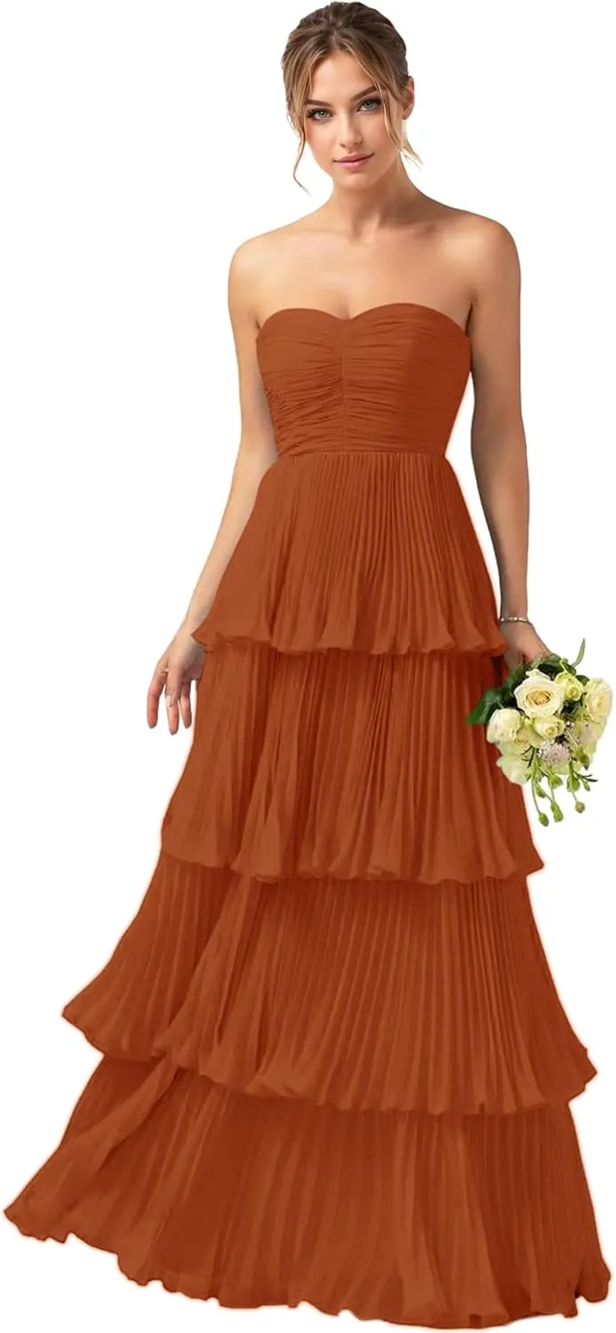 Nicktane Strapless Prom Dresses Tiered Bridesmaid Dresses Ruffle Long Formal Evening Gowns