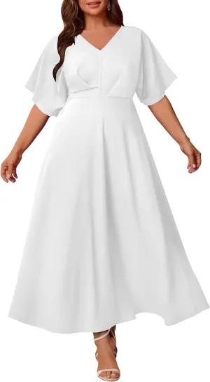 Nmoder Plus Size Maxi Dress for Women Wedding Guest Casual Wrap Summer Dresses A Line Flowy V Neck Short Sleeve