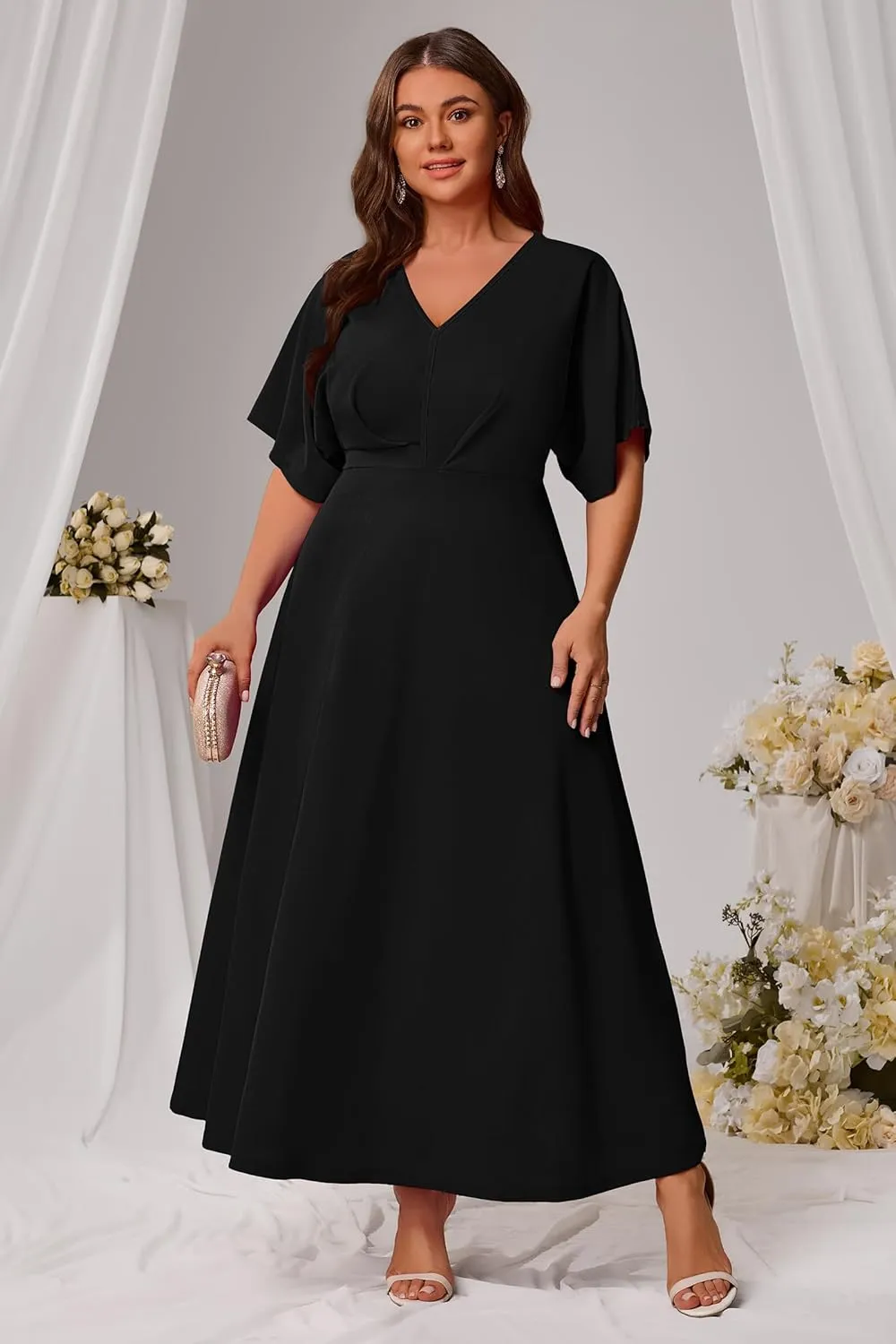 Nmoder Plus Size Maxi Dress for Women Wedding Guest Casual Wrap Summer Dresses A Line Flowy V Neck Short Sleeve