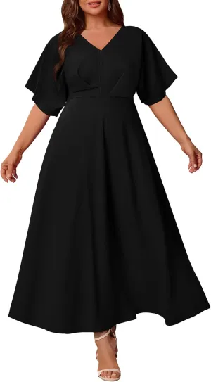 Nmoder Plus Size Maxi Dress for Women Wedding Guest Casual Wrap Summer Dresses A Line Flowy V Neck Short Sleeve