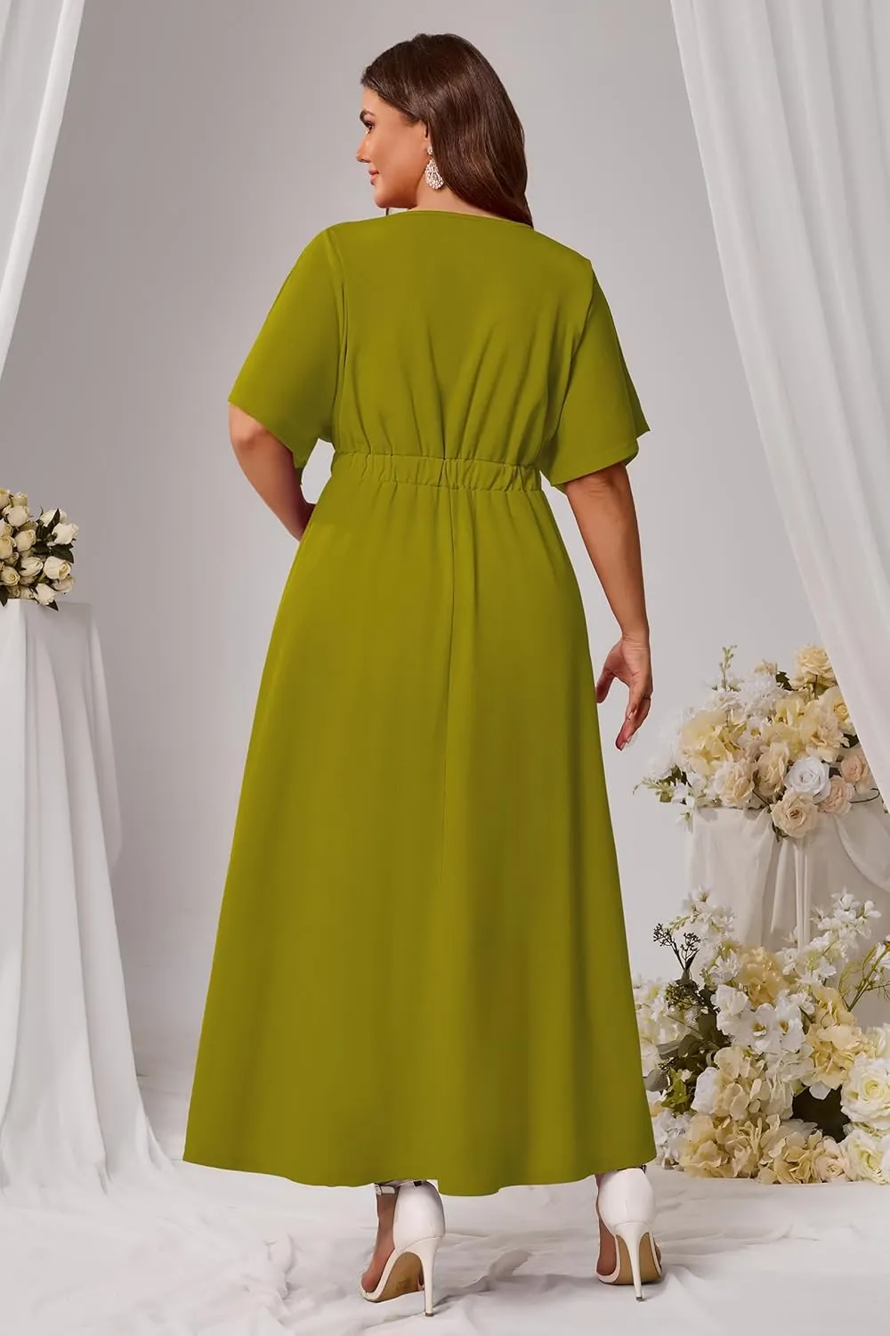 Nmoder Plus Size Maxi Dress for Women Wedding Guest Casual Wrap Summer Dresses A Line Flowy V Neck Short Sleeve
