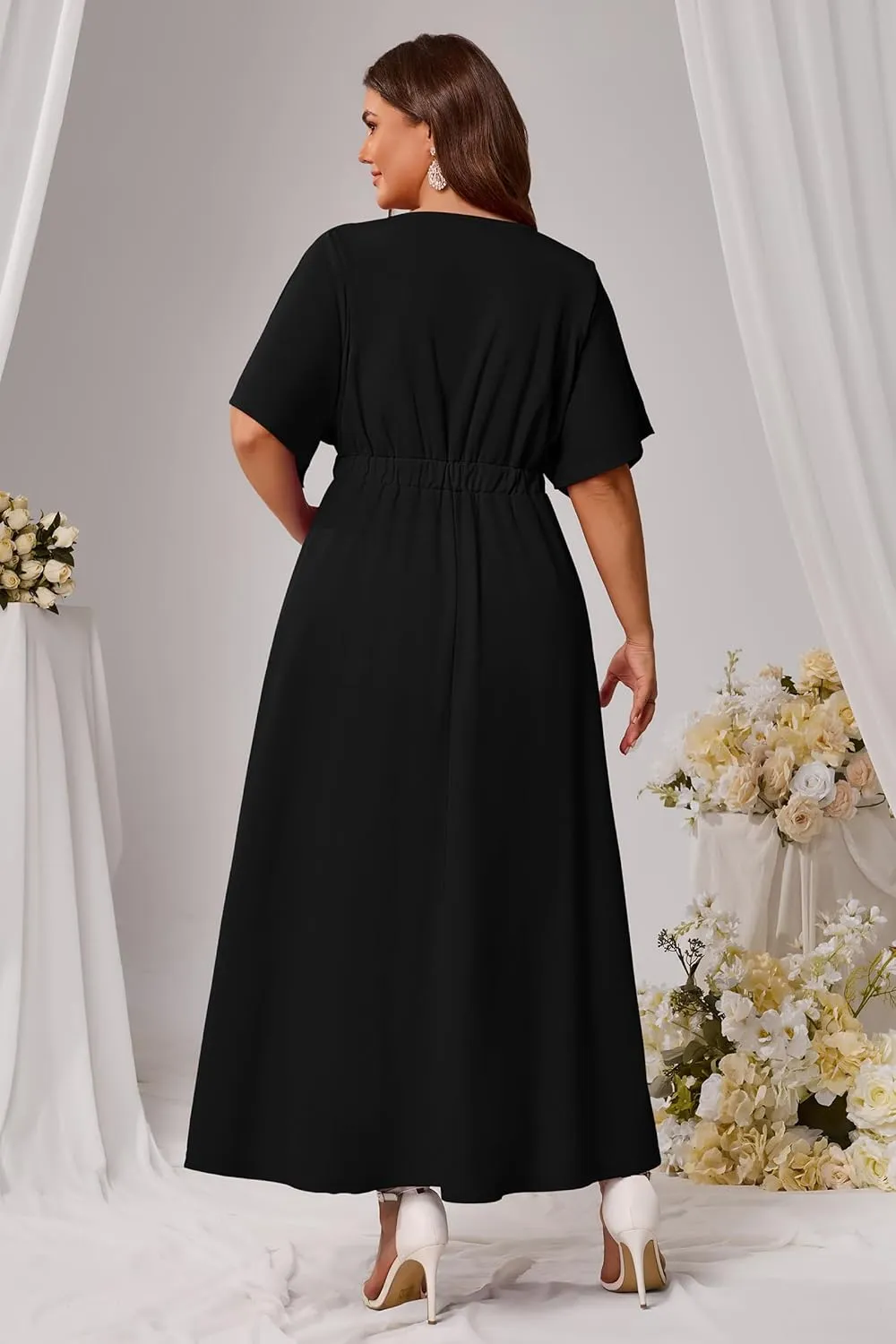 Nmoder Plus Size Maxi Dress for Women Wedding Guest Casual Wrap Summer Dresses A Line Flowy V Neck Short Sleeve
