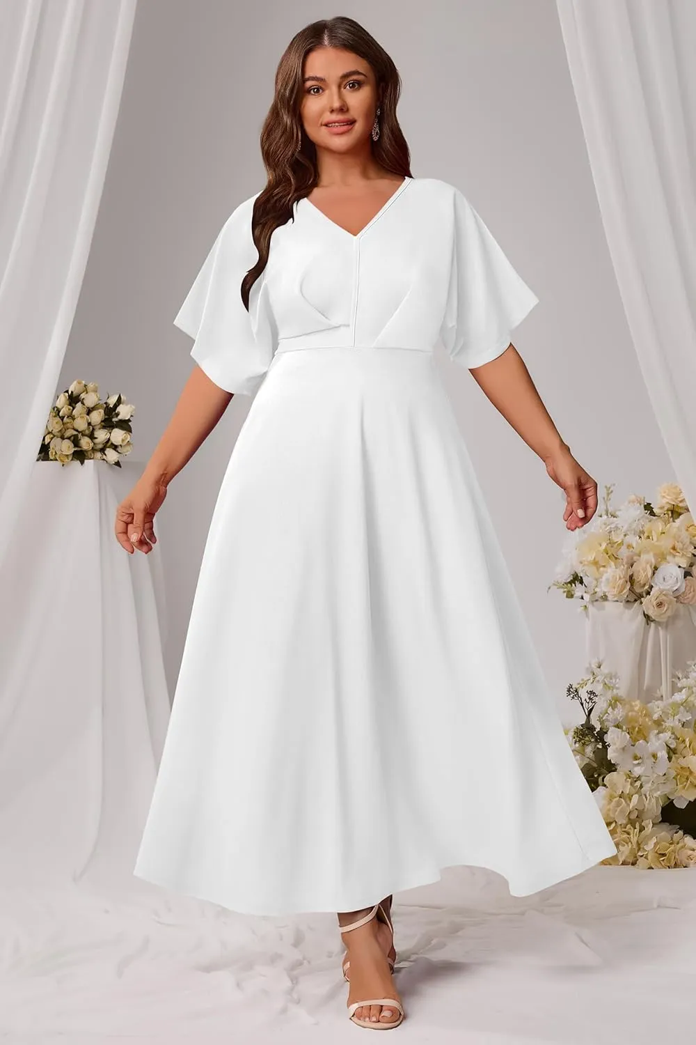 Nmoder Plus Size Maxi Dress for Women Wedding Guest Casual Wrap Summer Dresses A Line Flowy V Neck Short Sleeve