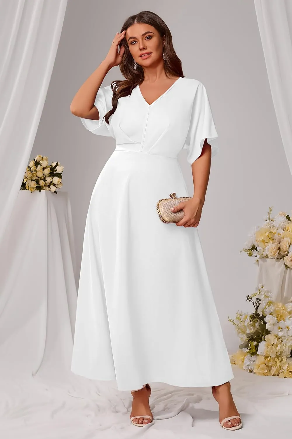 Nmoder Plus Size Maxi Dress for Women Wedding Guest Casual Wrap Summer Dresses A Line Flowy V Neck Short Sleeve