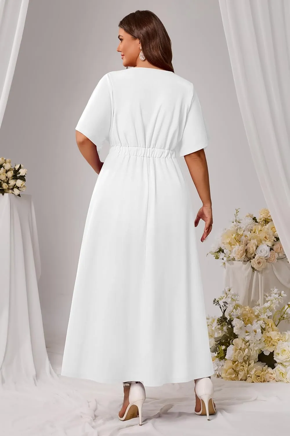 Nmoder Plus Size Maxi Dress for Women Wedding Guest Casual Wrap Summer Dresses A Line Flowy V Neck Short Sleeve
