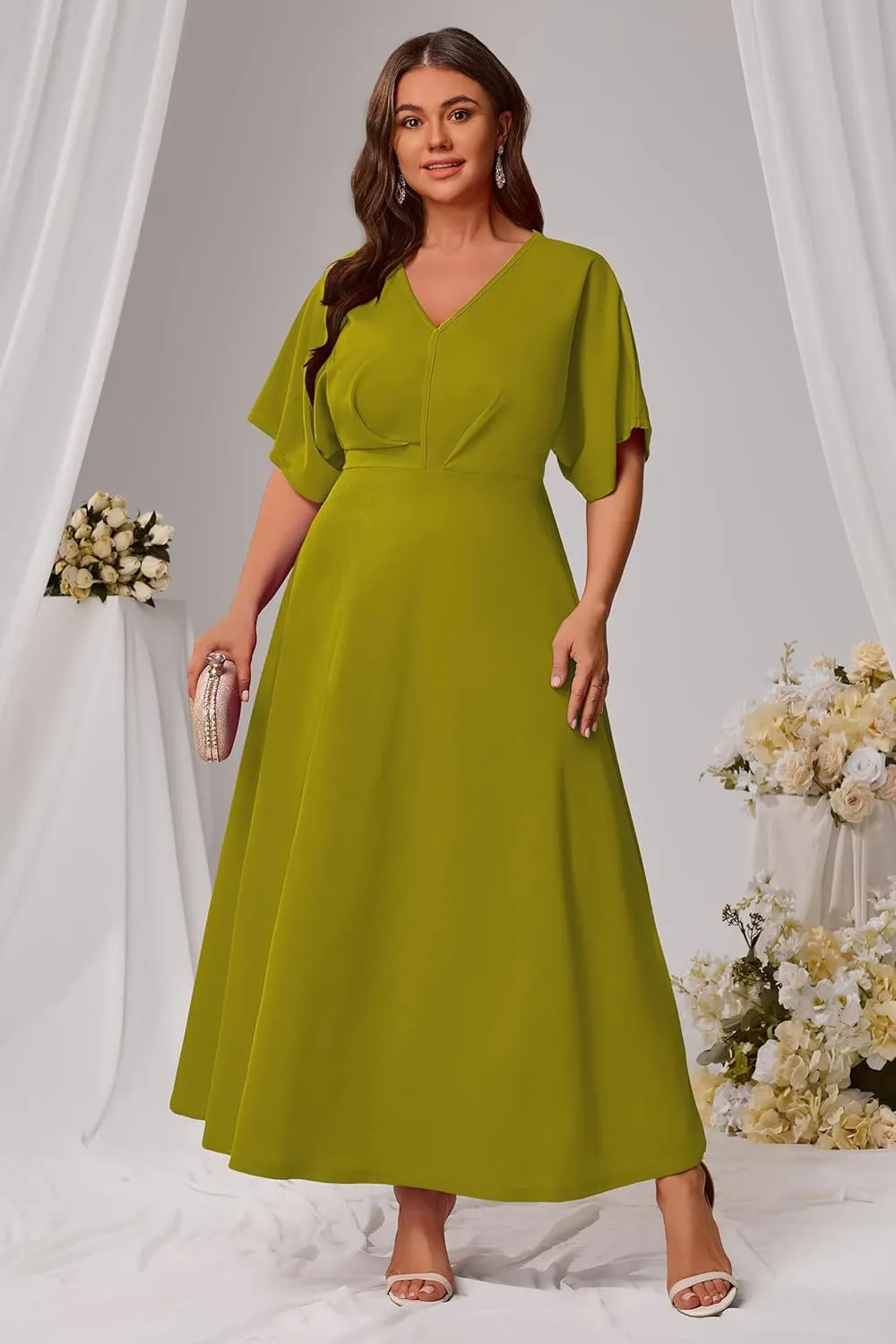 Nmoder Plus Size Maxi Dress for Women Wedding Guest Casual Wrap Summer Dresses A Line Flowy V Neck Short Sleeve