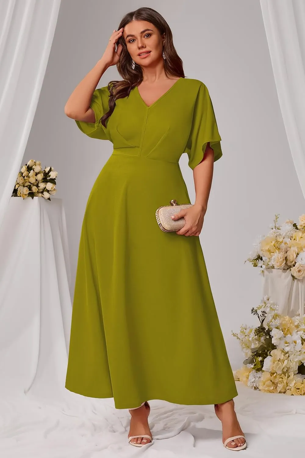 Nmoder Plus Size Maxi Dress for Women Wedding Guest Casual Wrap Summer Dresses A Line Flowy V Neck Short Sleeve