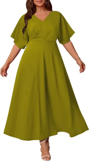 Nmoder Plus Size Maxi Dress for Women Wedding Guest Casual Wrap Summer Dresses A Line Flowy V Neck Short Sleeve