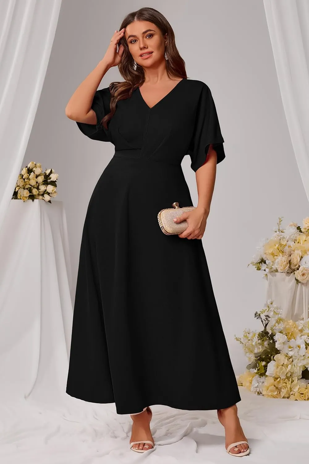 Nmoder Plus Size Maxi Dress for Women Wedding Guest Casual Wrap Summer Dresses A Line Flowy V Neck Short Sleeve