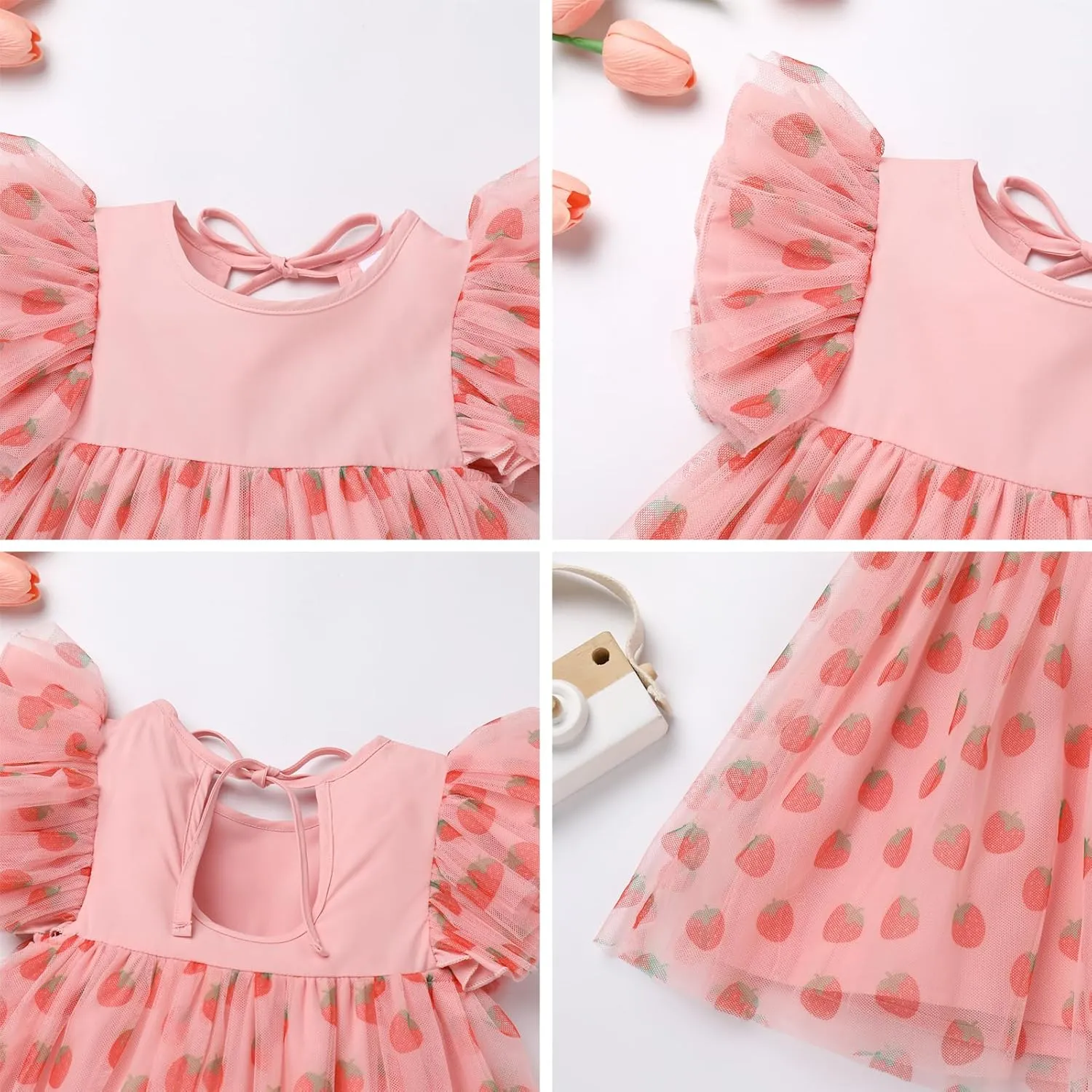 OBEEII Baby Girls Tutu Dress Flutter Sleeve Strawberry Rainbow Tulle Birthday Party Dress Boho Flower Girl Summer Sundress