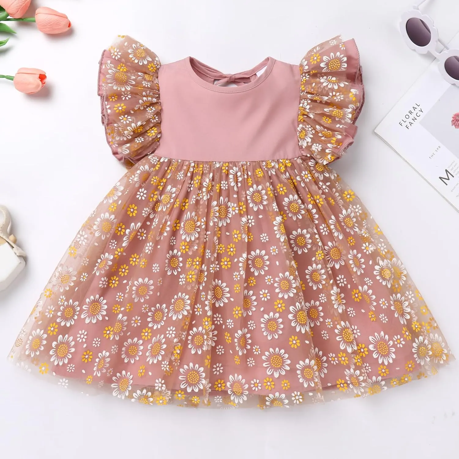 OBEEII Baby Girls Tutu Dress Flutter Sleeve Strawberry Rainbow Tulle Birthday Party Dress Boho Flower Girl Summer Sundress