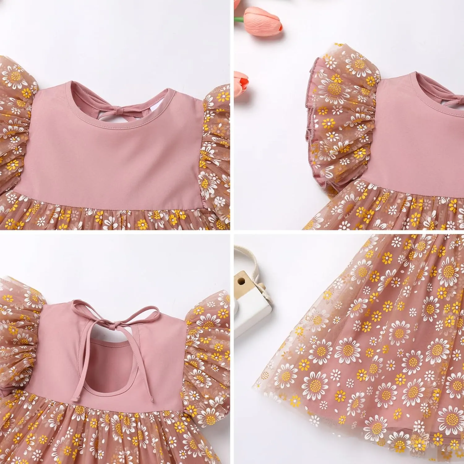 OBEEII Baby Girls Tutu Dress Flutter Sleeve Strawberry Rainbow Tulle Birthday Party Dress Boho Flower Girl Summer Sundress