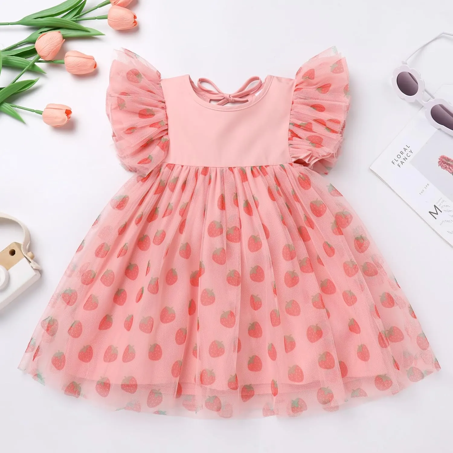 OBEEII Baby Girls Tutu Dress Flutter Sleeve Strawberry Rainbow Tulle Birthday Party Dress Boho Flower Girl Summer Sundress