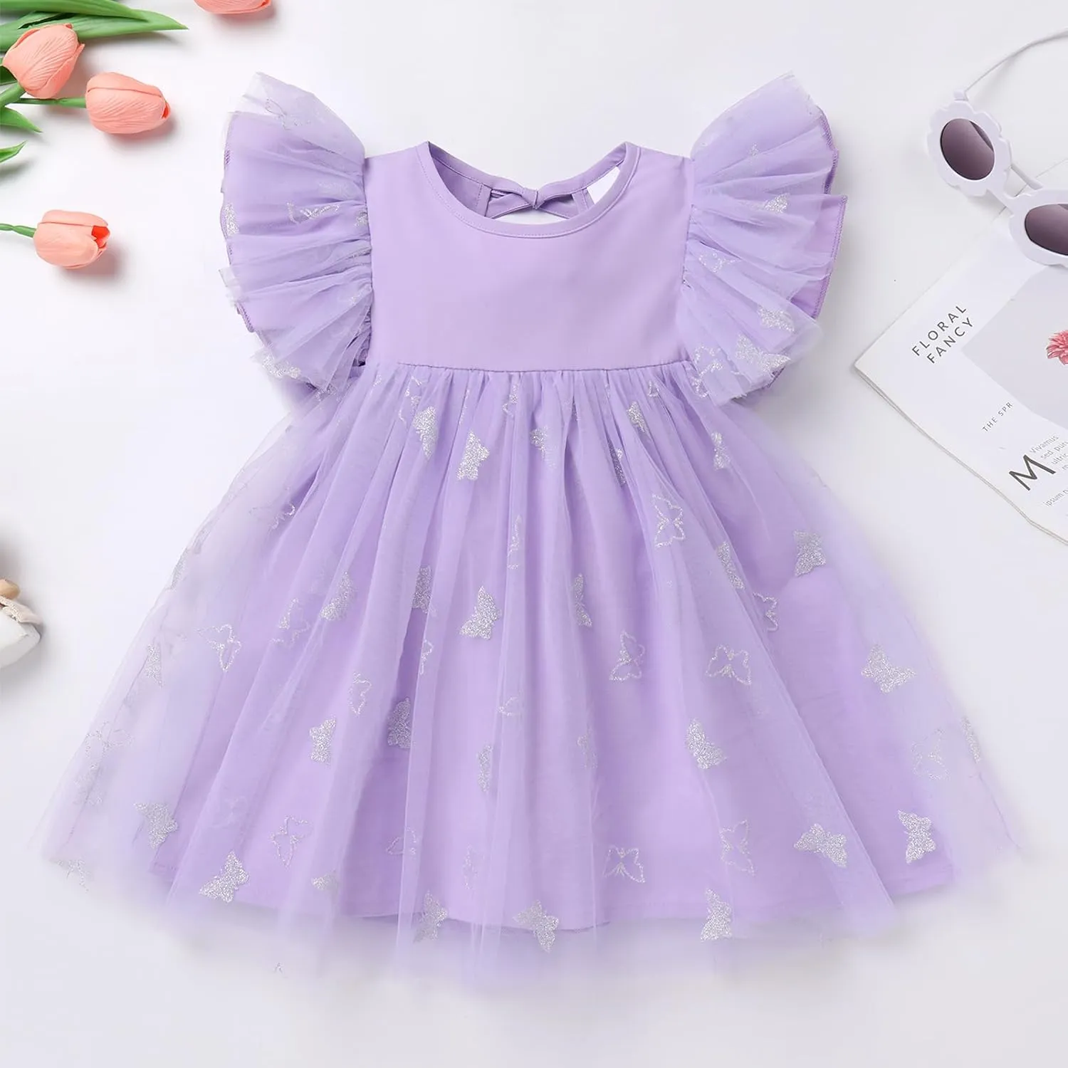 OBEEII Baby Girls Tutu Dress Flutter Sleeve Strawberry Rainbow Tulle Birthday Party Dress Boho Flower Girl Summer Sundress