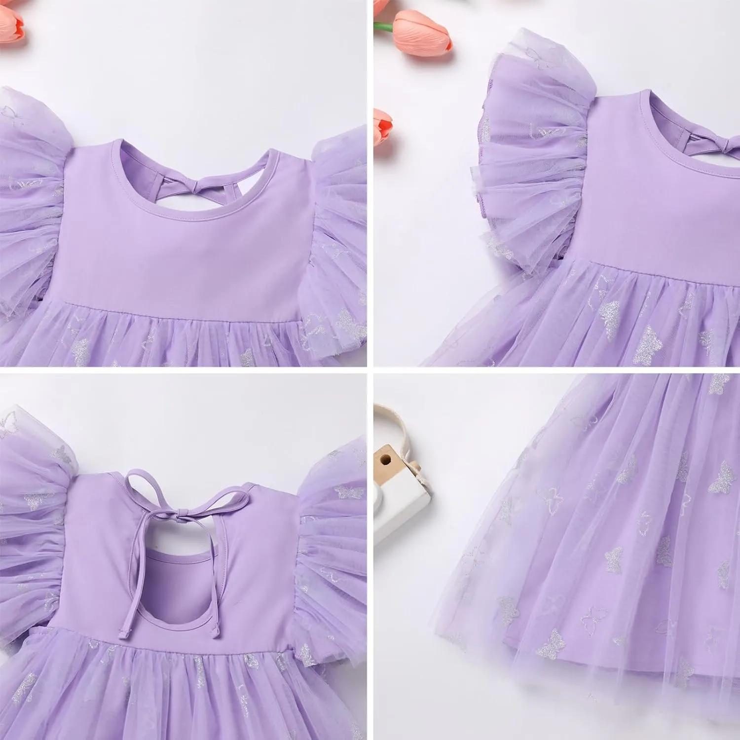 OBEEII Baby Girls Tutu Dress Flutter Sleeve Strawberry Rainbow Tulle Birthday Party Dress Boho Flower Girl Summer Sundress