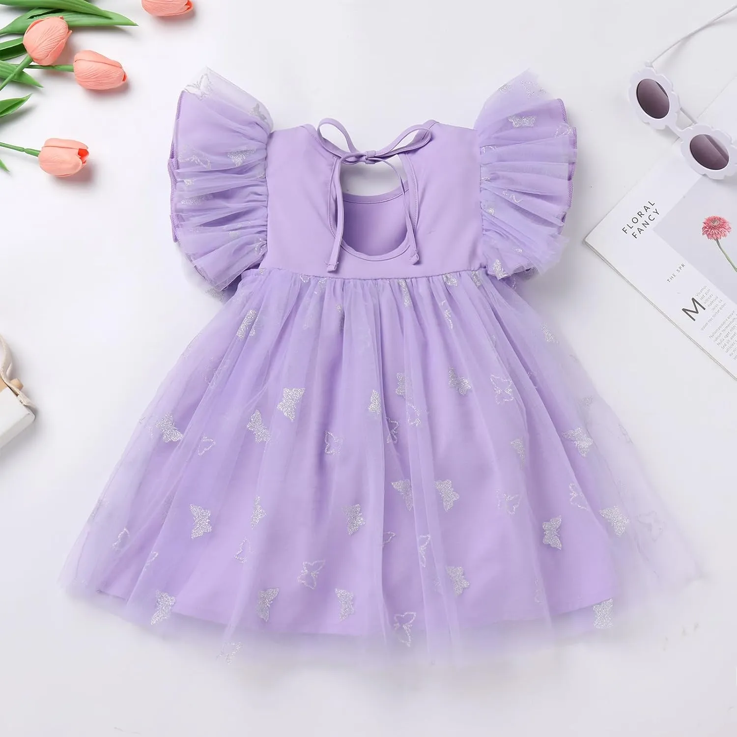 OBEEII Baby Girls Tutu Dress Flutter Sleeve Strawberry Rainbow Tulle Birthday Party Dress Boho Flower Girl Summer Sundress