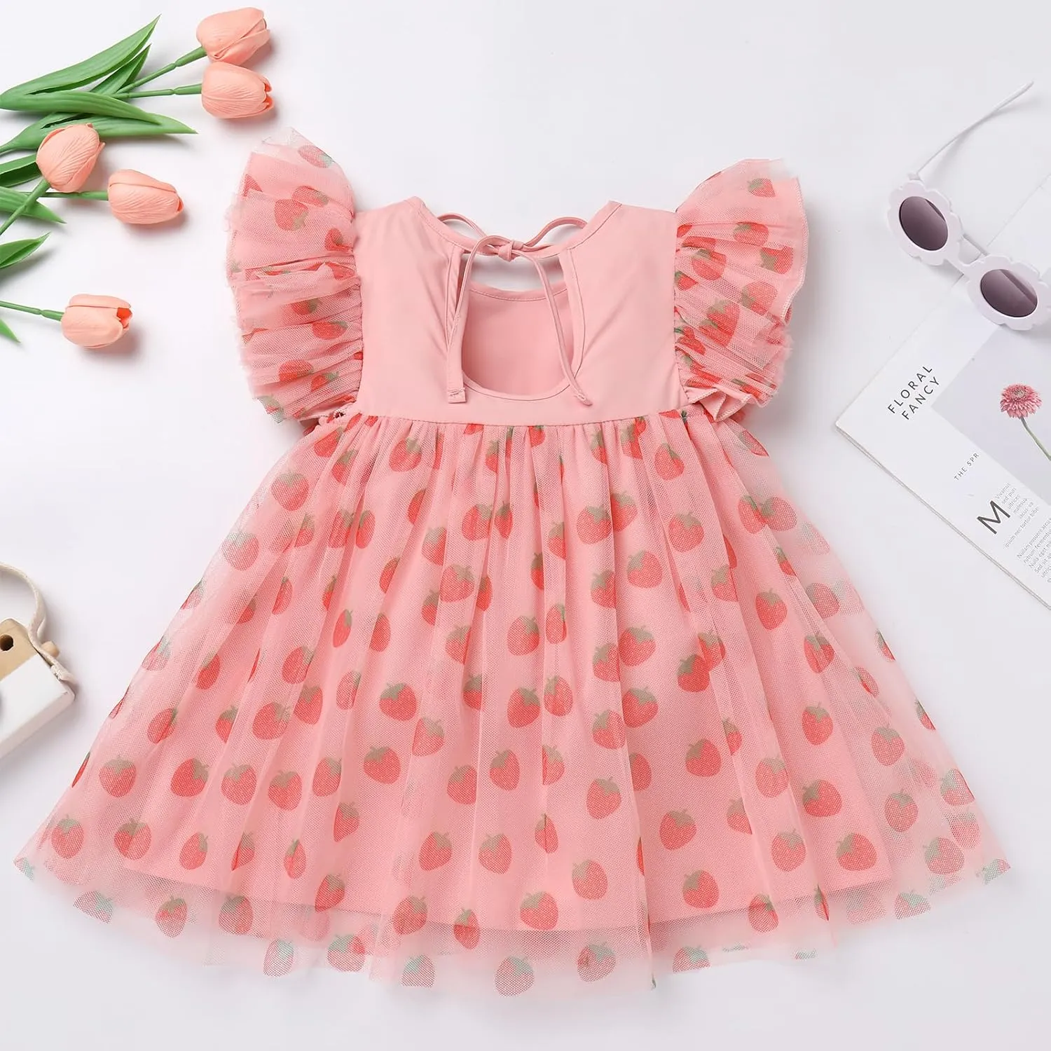OBEEII Baby Girls Tutu Dress Flutter Sleeve Strawberry Rainbow Tulle Birthday Party Dress Boho Flower Girl Summer Sundress