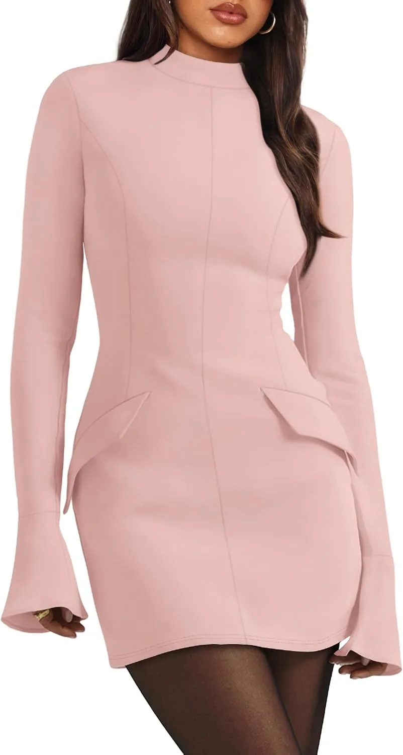 OFEEFAN Women's Fall Long Sleeve Mock Neck Dress Basic Party Club Bodycon Mini Dresses