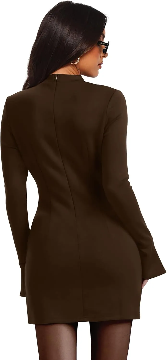 OFEEFAN Women's Fall Long Sleeve Mock Neck Dress Basic Party Club Bodycon Mini Dresses