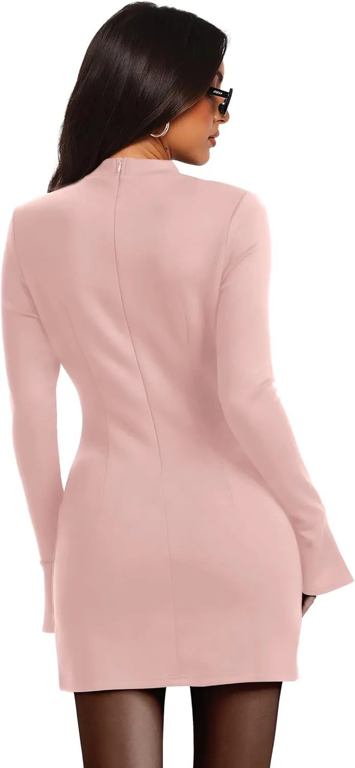 OFEEFAN Women's Fall Long Sleeve Mock Neck Dress Basic Party Club Bodycon Mini Dresses