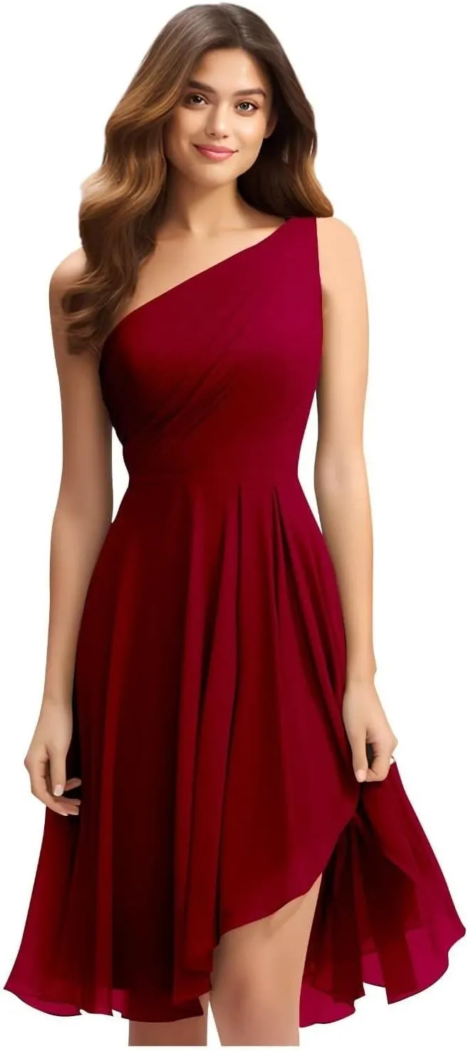 One Shoulder Bridesmaid Dresses Chiffon Short Cocktail Party Dress Ruchedfor Evening Dresses