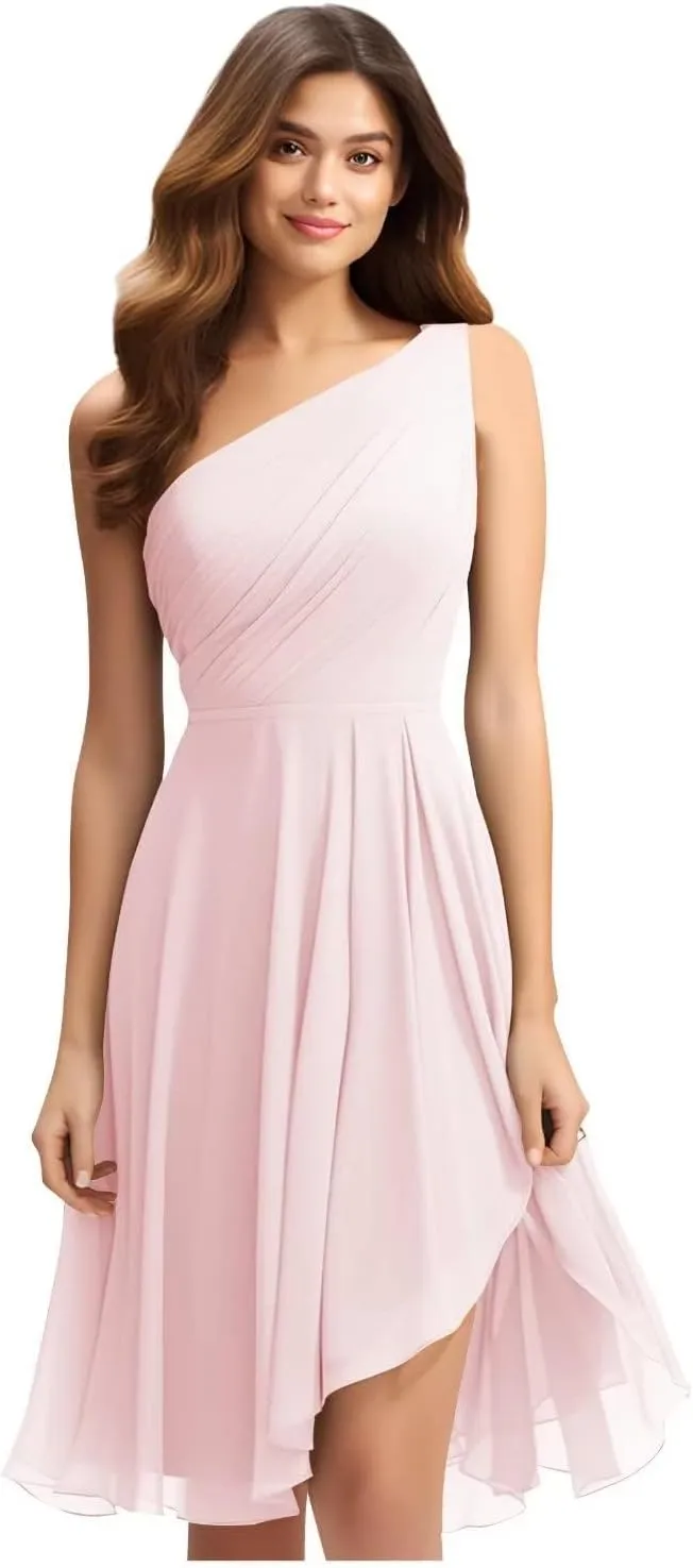 One Shoulder Bridesmaid Dresses Chiffon Short Cocktail Party Dress Ruchedfor Evening Dresses