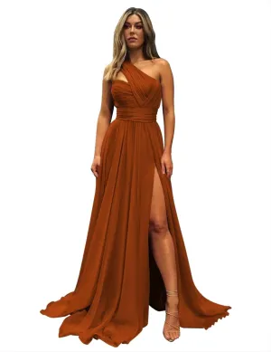One Shoulder Bridesmaid Dresses for Wedding with Pockets Long Side Split Chiffon Formal Prom Evening Dress
