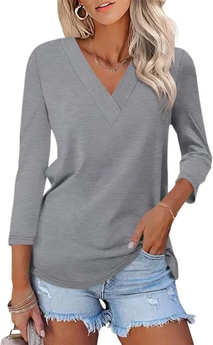 ORANDESIGNE Women's 3/4 Length Sleeves V Neck Tops Shirts Basic Summer Ladies Tees