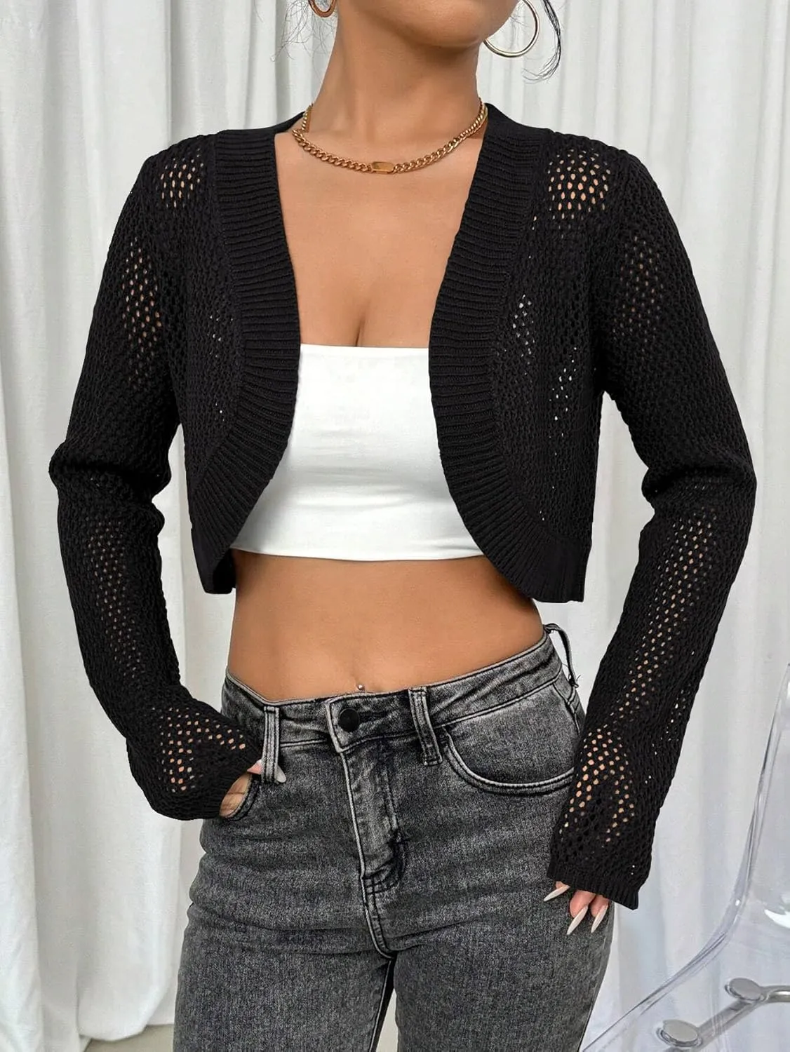 Oversized Bolero Sweater for Women Summer Thin Cropped Cardigan Delicate Eyelet Knit Shrug (Order a Size Down)