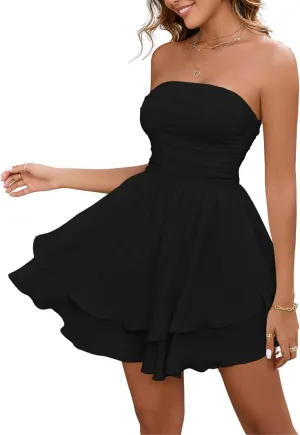 Parthea Women's Sexy Strapless Ruffle Hem Mini Dresses Ruched Waist Sleeveless A Line Tube Top Short Party Dress