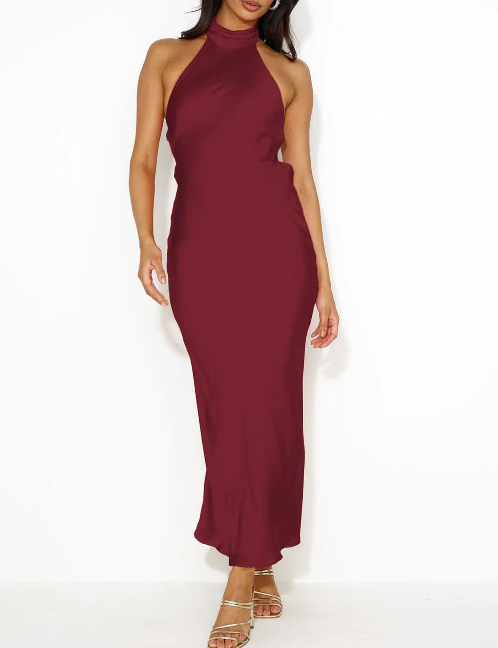 Phicia Sexy Satin Halter Neck Backless Maxi Dress for Women Elegant Tie Cowl Back Formal Wedding Guest Dress for Summer