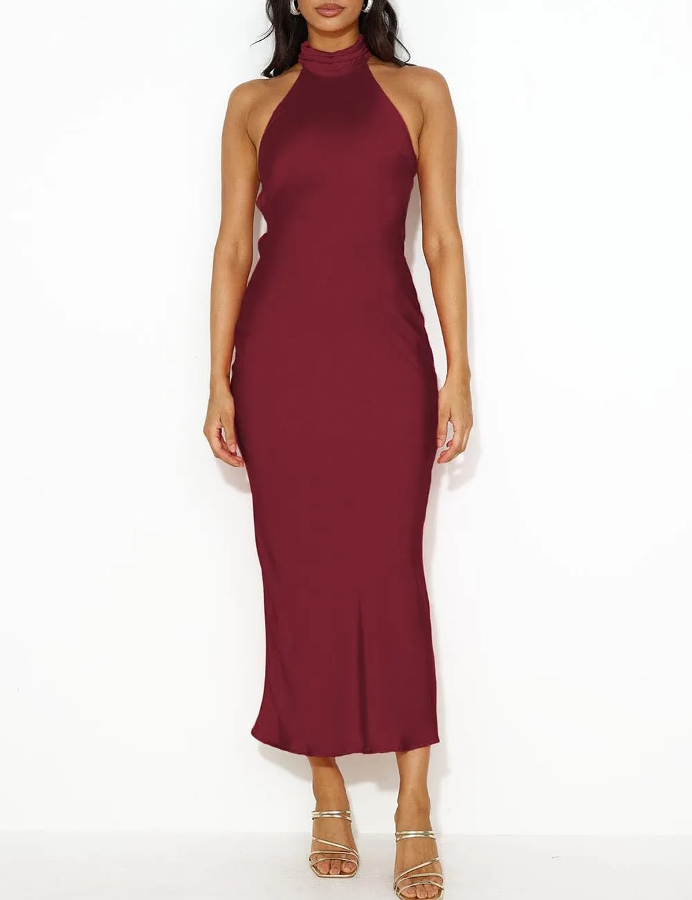 Phicia Sexy Satin Halter Neck Backless Maxi Dress for Women Elegant Tie Cowl Back Formal Wedding Guest Dress for Summer