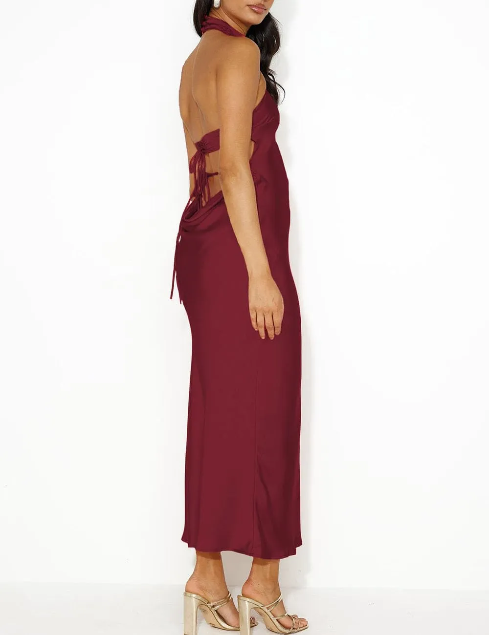 Phicia Sexy Satin Halter Neck Backless Maxi Dress for Women Elegant Tie Cowl Back Formal Wedding Guest Dress for Summer