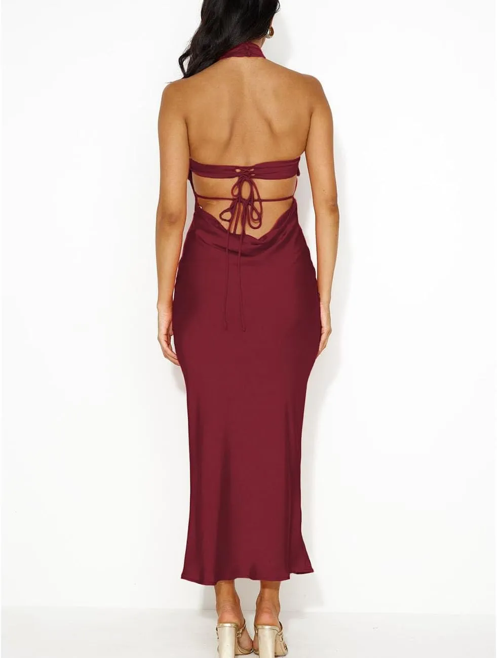 Phicia Sexy Satin Halter Neck Backless Maxi Dress for Women Elegant Tie Cowl Back Formal Wedding Guest Dress for Summer