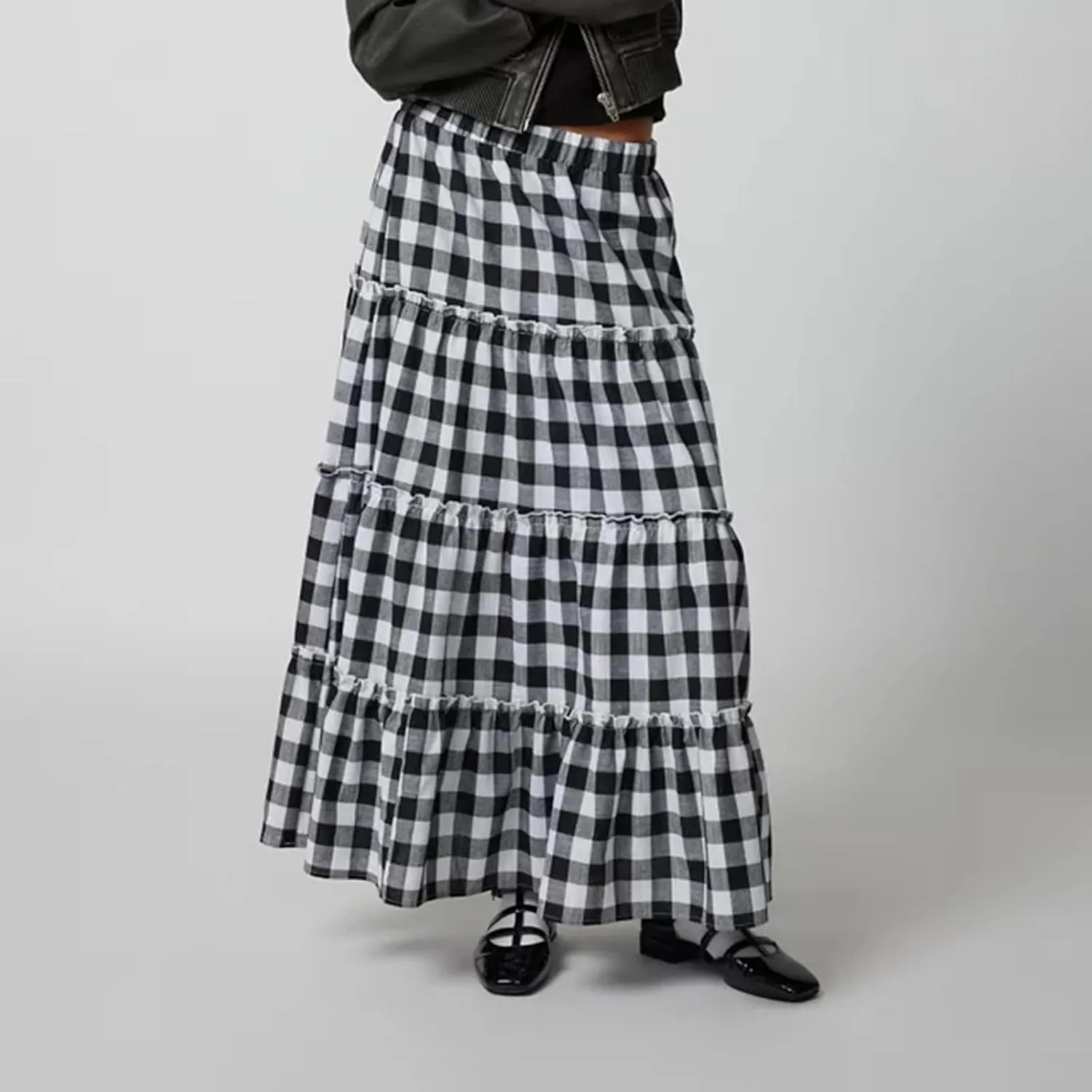 Plaid Tiered Maxi Skirt for Women Elastic High Waisted A-line Layered Gingham Ruffle Long Flowy Skirts