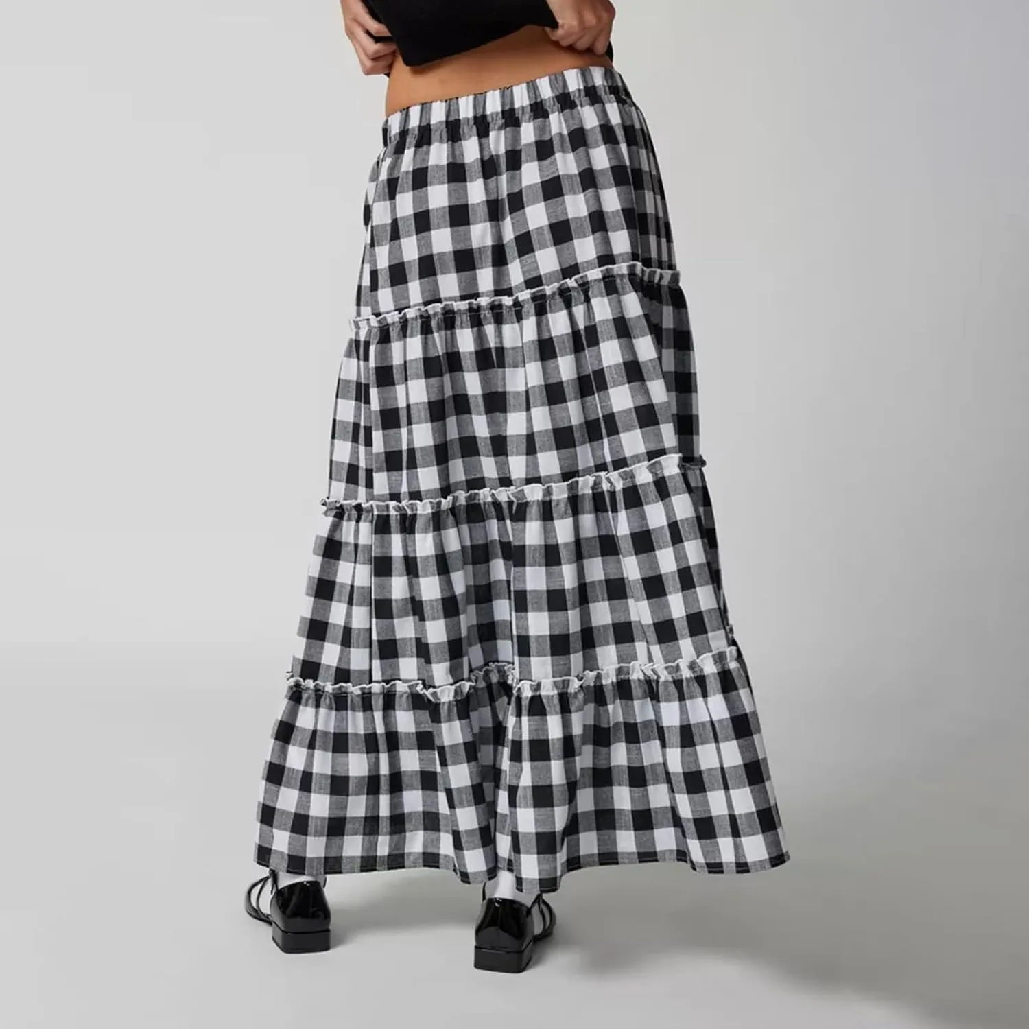 Plaid Tiered Maxi Skirt for Women Elastic High Waisted A-line Layered Gingham Ruffle Long Flowy Skirts