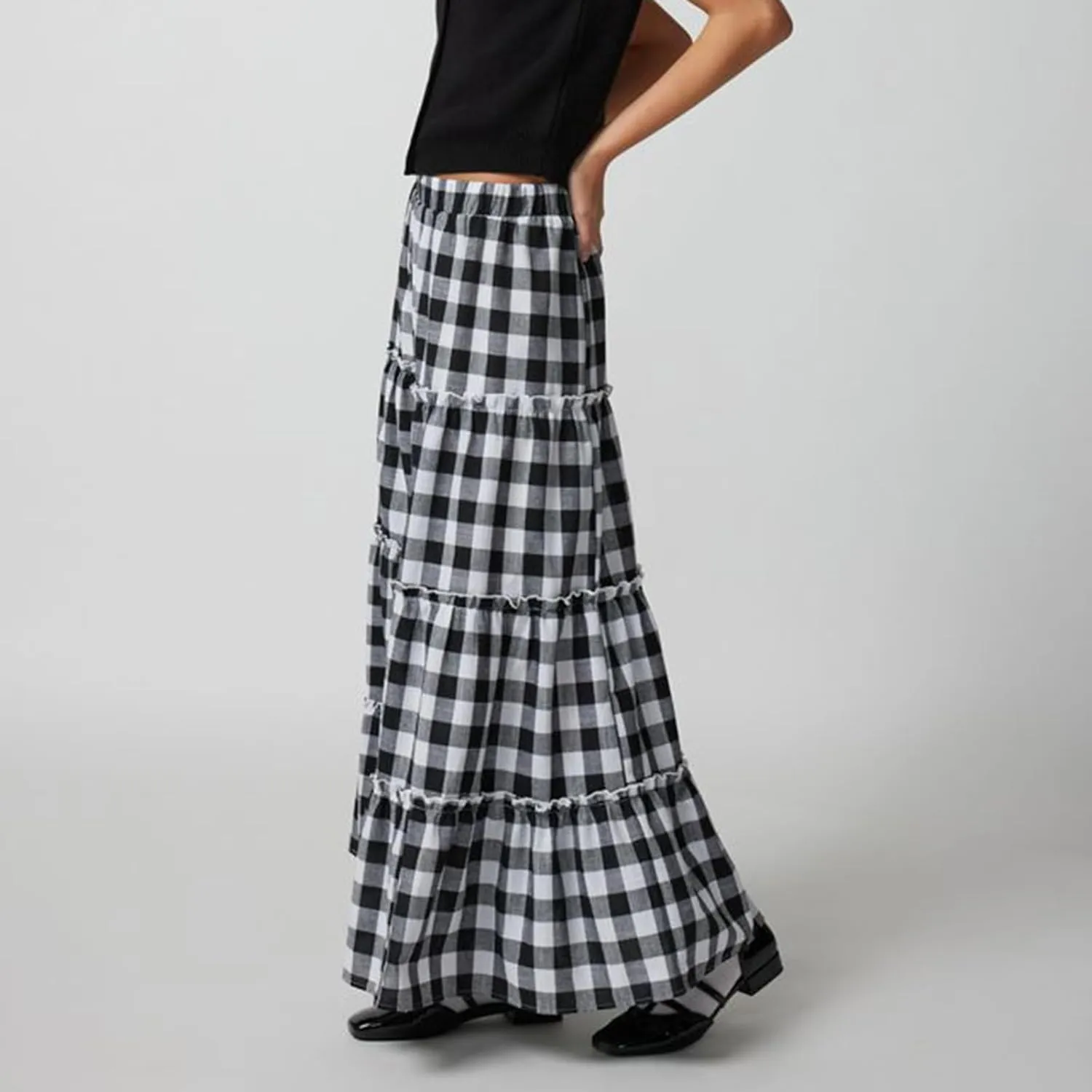 Plaid Tiered Maxi Skirt for Women Elastic High Waisted A-line Layered Gingham Ruffle Long Flowy Skirts
